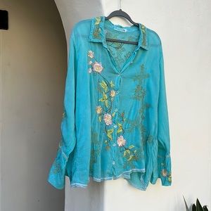 Johnny Was embroidered turquoise button up blouse 1X